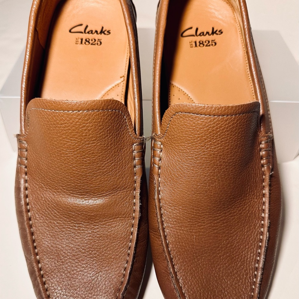 Clarks Mens Casual Shoes Cognac Leather Loafers Size 10 M - Picture 2 of 8
